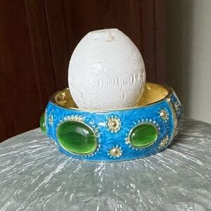 Blue and Gold Decorative Bowl with Green Accents